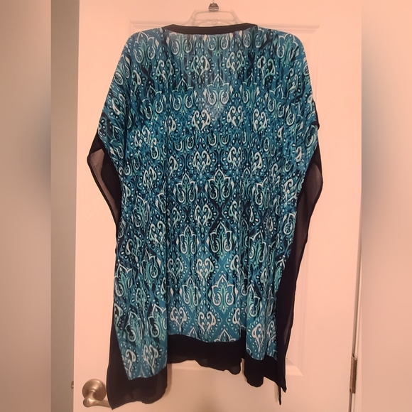 Women's V-Neck Swimsuit Coverup with Batwing Short Sleeves, Blues & Greens - Picture 2 of 2